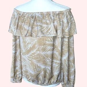 Michael Kors Palm Leaf Print Ruffled Off Shoulder Top Long Sleeve Tan White MED